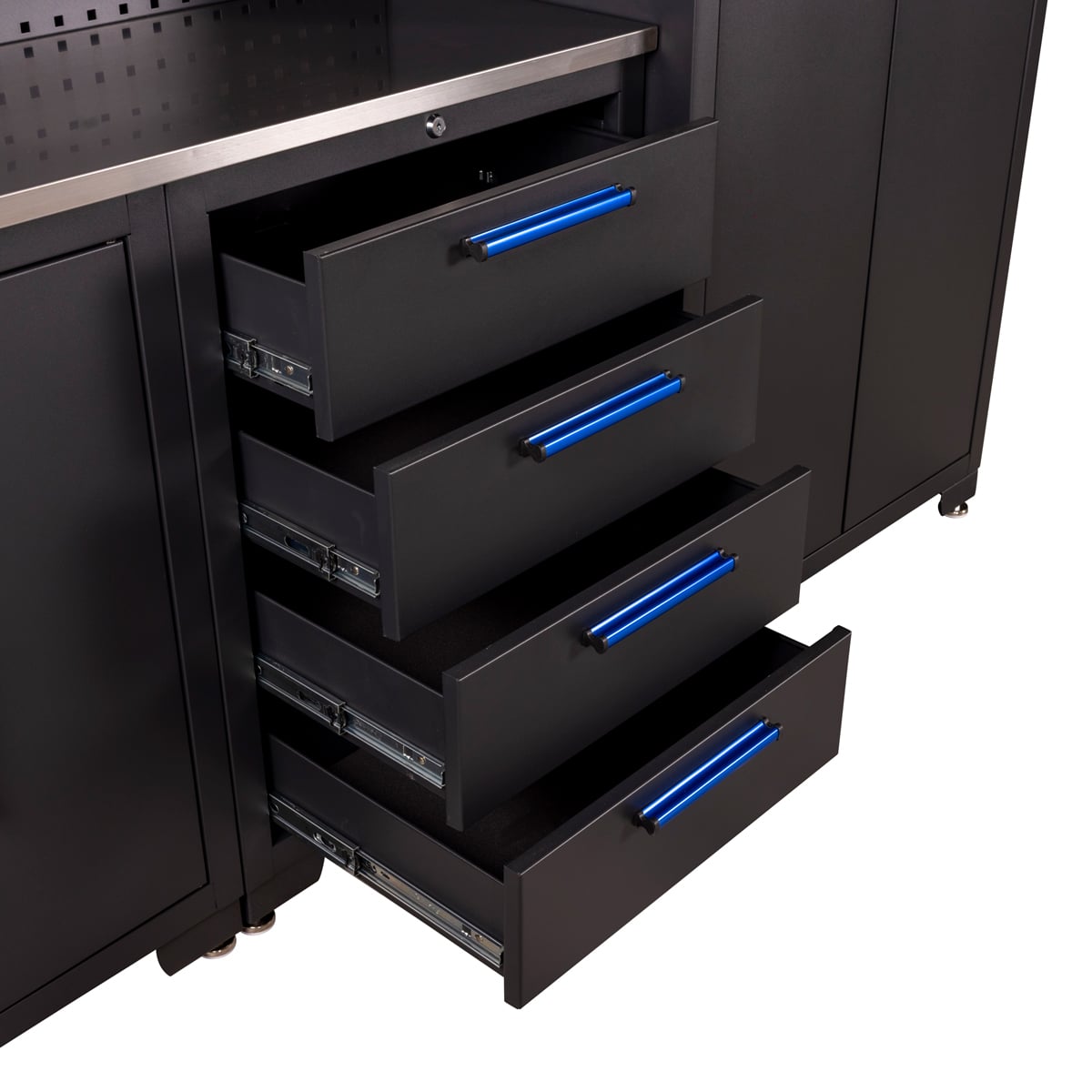 SGS 9pc Garage Storage System with Pegboard | Stainless Steel Worktop | 3x Floor Cabinets | 3x Upper Cabinets | 2x Tall Double Side Cabinets